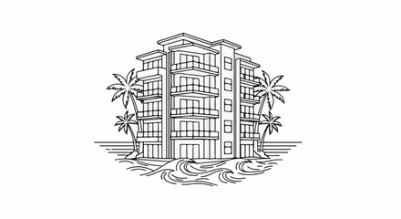 Fototapeta premium Minimalist line art of a multi-story building with balconies and palm trees by the sea
