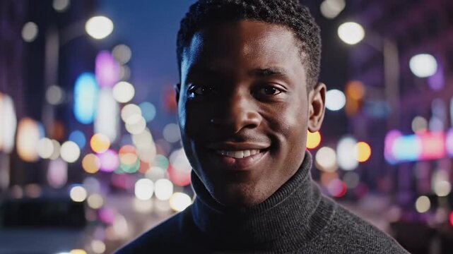 Man in turtleneck against blurred city lights at night