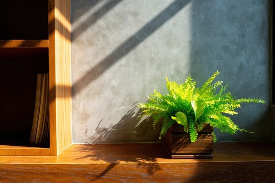 日光が木の棚の近くのシダの植物に影を落とす