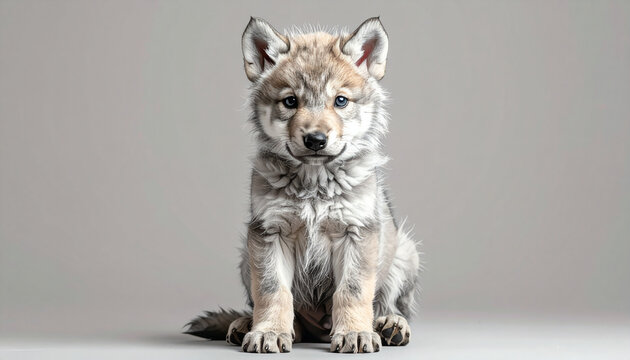 Cute wolf cub sitting against gray
