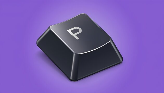 Isometric view of a computer key with the letter p against a purple backdrop