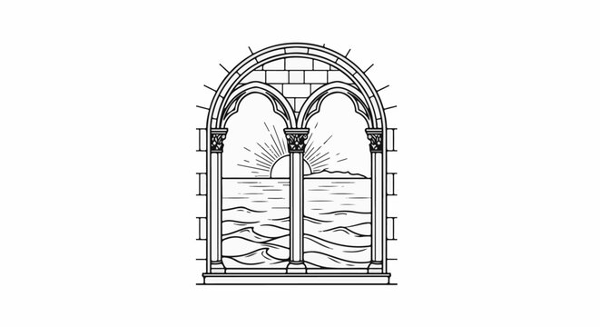 Ornate arched window framing a sun rising over a wavy ocean