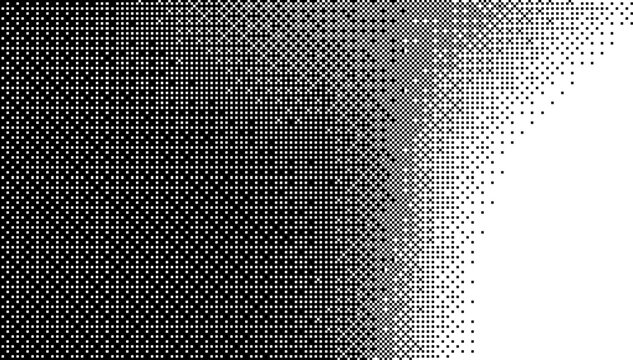 Abstract halftone pattern background with black and white square dots, pixel art style gradient texture