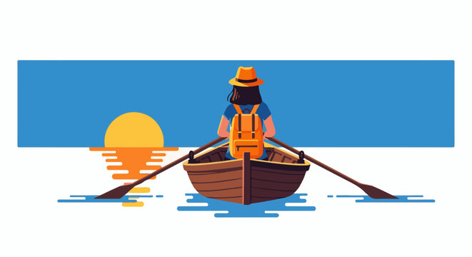 Person rows boat on calm water during sunset, wearing a hat and backpack