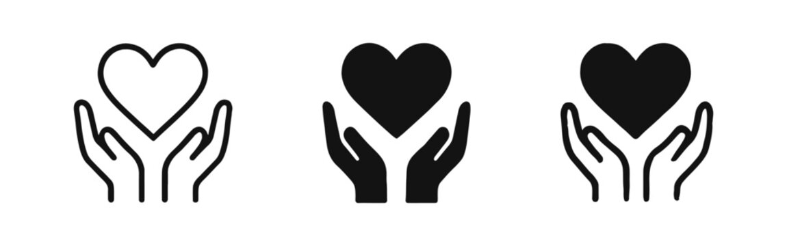 Cupped Hands with Heart Icon Set - Charity, Protection, Love, Support, Kindness, Outline Solid Hand Drawn Styles