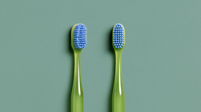Two toothbrushes with contrasting wear on a solid teal background in minimal composition.