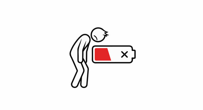 Person slumped over with a depleted battery icon showing