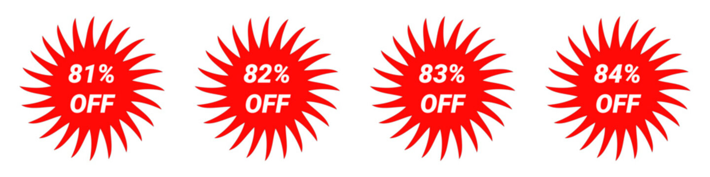 Set of Striking Red Star burst Sale Discount Badges, Promotional Offer Tags Stickers with 81, 82, 83 and 84% percentage Off White Text Vector