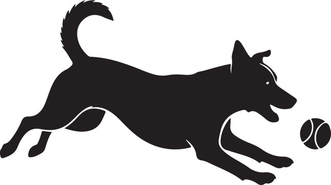 Black dog running, catching ball, silhouette icon, pet vector graphic