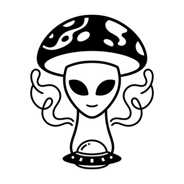 Cute alien mushroom hat logo with cannabis leaf