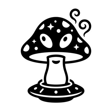 Smiling alien mascot wearing spotted mushroom hat
