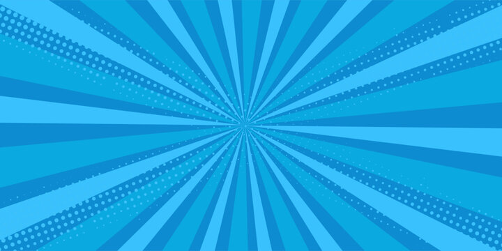 Comic background. Pop art texture. Starburst cartoon style. Anime design with explosion effect for print. Fun dot pattern. Blue backdrop with halftone