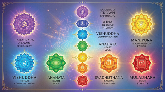 Chakra symbols, yoga chakra chart, colorful spiritual icons, meditation symbols set