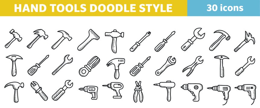 Hand tools doodle icon set featuring construction implements, ideal for workshop, carpentry, repair and industrial design illustrations.