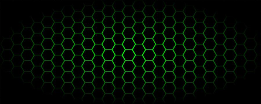 Futuristic abstract background featuring glowing neon green honeycomb hexagon patterns clustered on a deep black field. illustration eps10