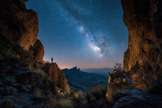 Starry night over Chisos Basin: Emory Peak silhouette beside Window Trail in a Texas desert landscape