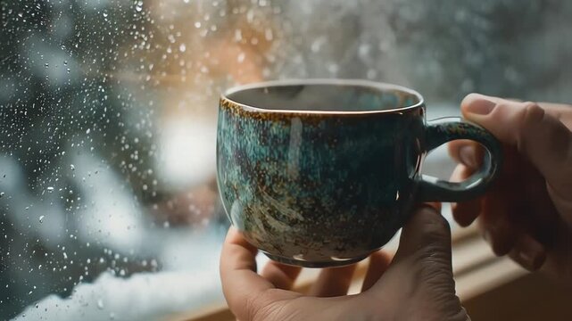 Hand holding ceramic mug with hot beverage indoors with snow falling outside in winter season