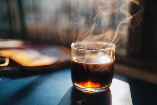木のテーブルの上のガラスカップで暖かいコーヒー蒸気