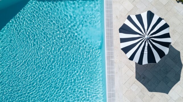 Sunny day by the pool with striped umbrella and clear water in a residential backyard setting