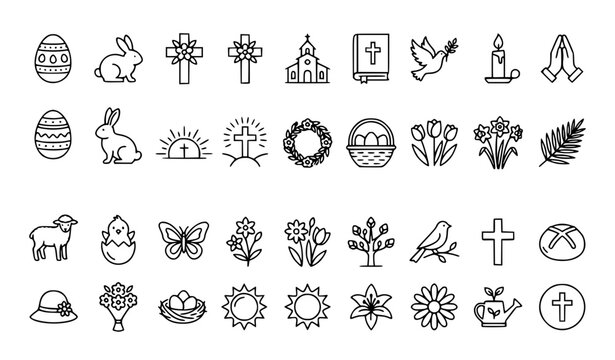 Easter and spring outline icon set with cross church eggs and editable stroke vector collection