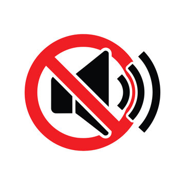 No sound or mute symbol icon with a red forbidden sign over a black speaker illustration for silent mode and volume control isolated on transparent background
