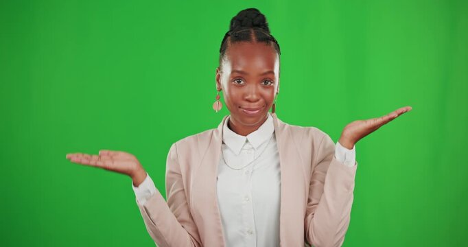 Choose, face and woman in a studio with green screen with a smile and decision hand gesture. Choice, decide and African female model with a unsure expression isolated by a chroma key background.
