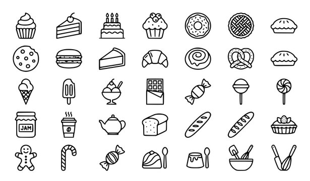 Dessert and bakery outline icon set with cake ice cream candy and editable stroke vector collection