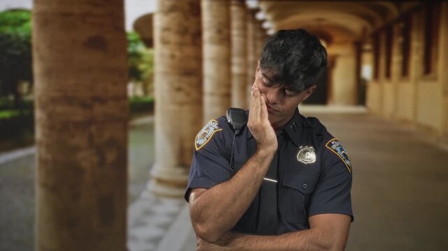 Young hispanic man police officer pressing hand to face, rubbing cheek beside colonnaded building corridor while radio clipped to uniform; fatigue reflection.