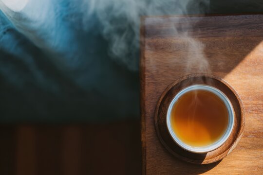 温かいティーカップから木のトレイに蒸気が立ち上る