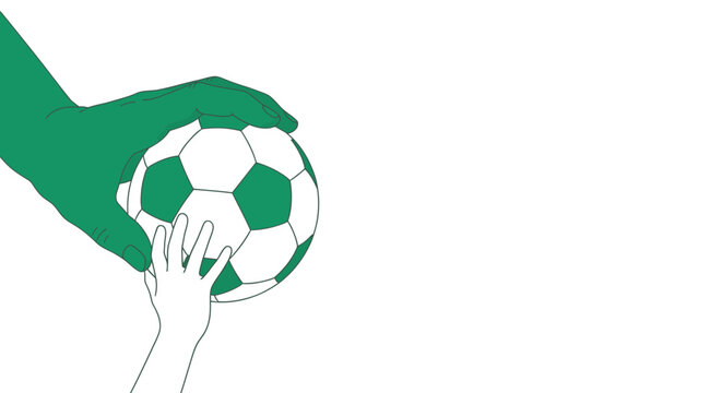 Large green hand and small child's hand holding a green and white soccer ball, symbolizing mentorship, sports, and generational passion for football on a clean white background.
