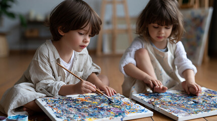 Fototapeta premium A minimalist studio space holds two children painting large canvases side by side, one painting with brushes, one using only their feet, both totally absorbed, perfect for creative arts education, s