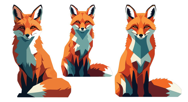 Geometric red fox vector set, stylized forest animal illustrations in flat low poly design, collection of 3 sitting fox characters for wildlife branding