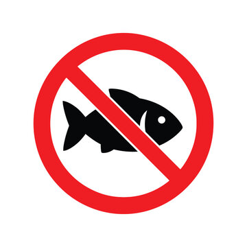 No fishing allowed sign with a black fish icon inside a red forbidden circle symbol isolated on transparent background