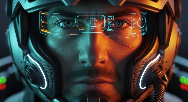 Futuristic pilot gazes forward while wearing a high tech helmet with a digital heads up display interface.
