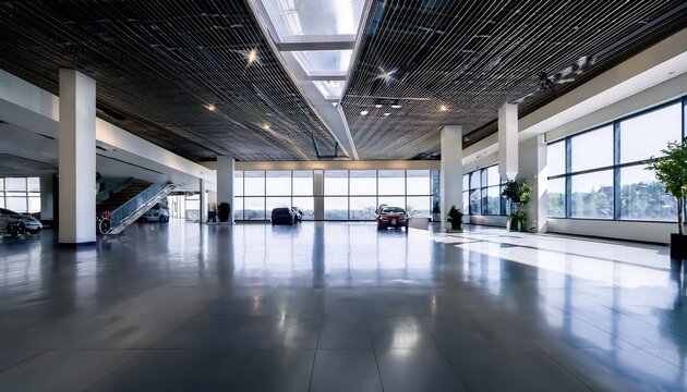 empty dealership with open showroom and polished floors featuring modern design and spacious layout