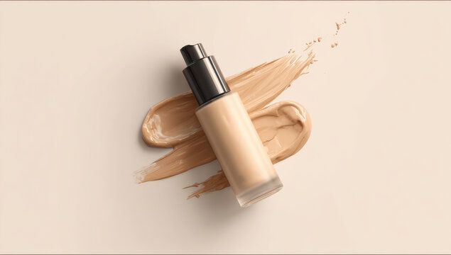 Foundation Glamour: An elegant cosmetic foundation bottle sits atop a beautifully swatched canvas. This image evokes the luxury of beauty and cosmetic application.