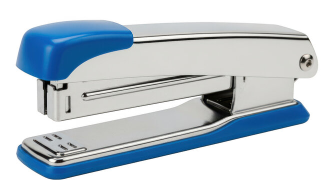 Blue and silver stapler on transparent background for office supplies
