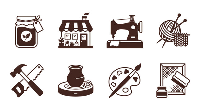 Set of creative hobby and craft workshop icons in flat style.