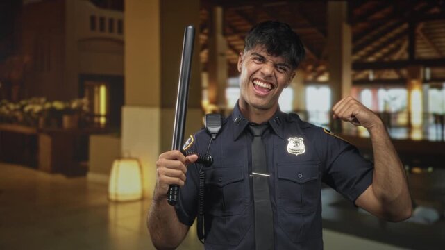 Young man police officer holding baton and radio mic, smiling and flexing fist in building lobby; pride duty.