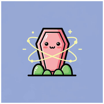 Cute Pink Coffin with Kawaii Face and Orbiting Energy.