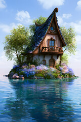 Naklejka premium Fantasy village cottage on tiny lake island with flowers and cheerful animated charm