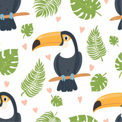 Naklejka premium Retro toucan bird summer seamless pattern. Hand drawn style tropical background illustration. Vintage exotic nature textile print, jungle animal texture. 