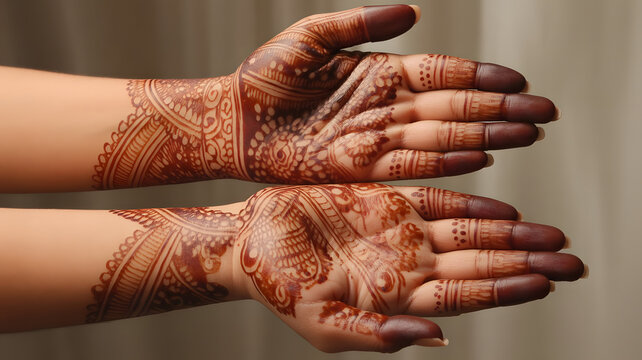 Intricately designed henna tattoos on hands for wedding or festive. Generated with AI