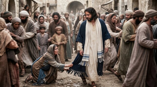 Woman reaching out to touch the hem of jesus garment in a crowded street