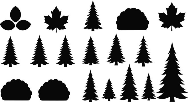 Black pine tree silhouettes set, forest maple leaves and bush icons, nature vector collection for outdoor landscape design, isolated elements. (20 words)