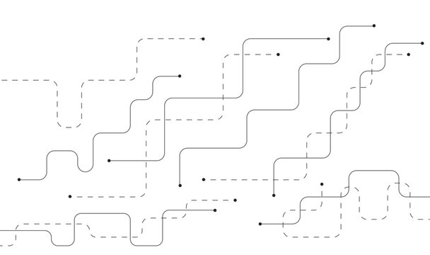 Abstract Tech Circuit Maze with Dashed Lines and Nodes, Modern Digital Pathway Seamless Pattern, Monochrome Vector Background 