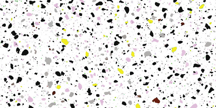 Abstract terrazzo pattern with black and yellow stone chips on a light surface for modern interior design decor