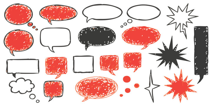 Set of hand drawn speech bubbles and thought balloons with red and black marker style textures for comic designs