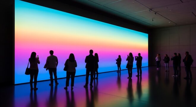 surreal glowing colorful installation people silhouettes standing mesmerized interior dark room vibrant gradient wall futuristic art exhibition space