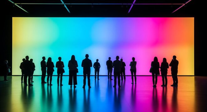 surreal glowing colorful background with people silhouettes standing still indoors contemporary art installation